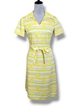 Checkaberry Vintage 70s Dress Mod Floral Striped Knit  Matching Belt